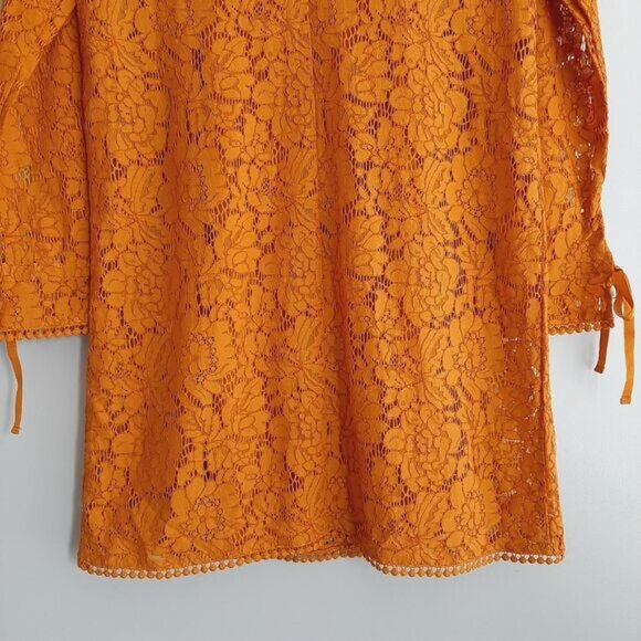 H&M / Floral Lace Pom-Pom Trim Long Sleeve Knee Length Dress Mustard Yellow Sz S - Picture 13 of 16
